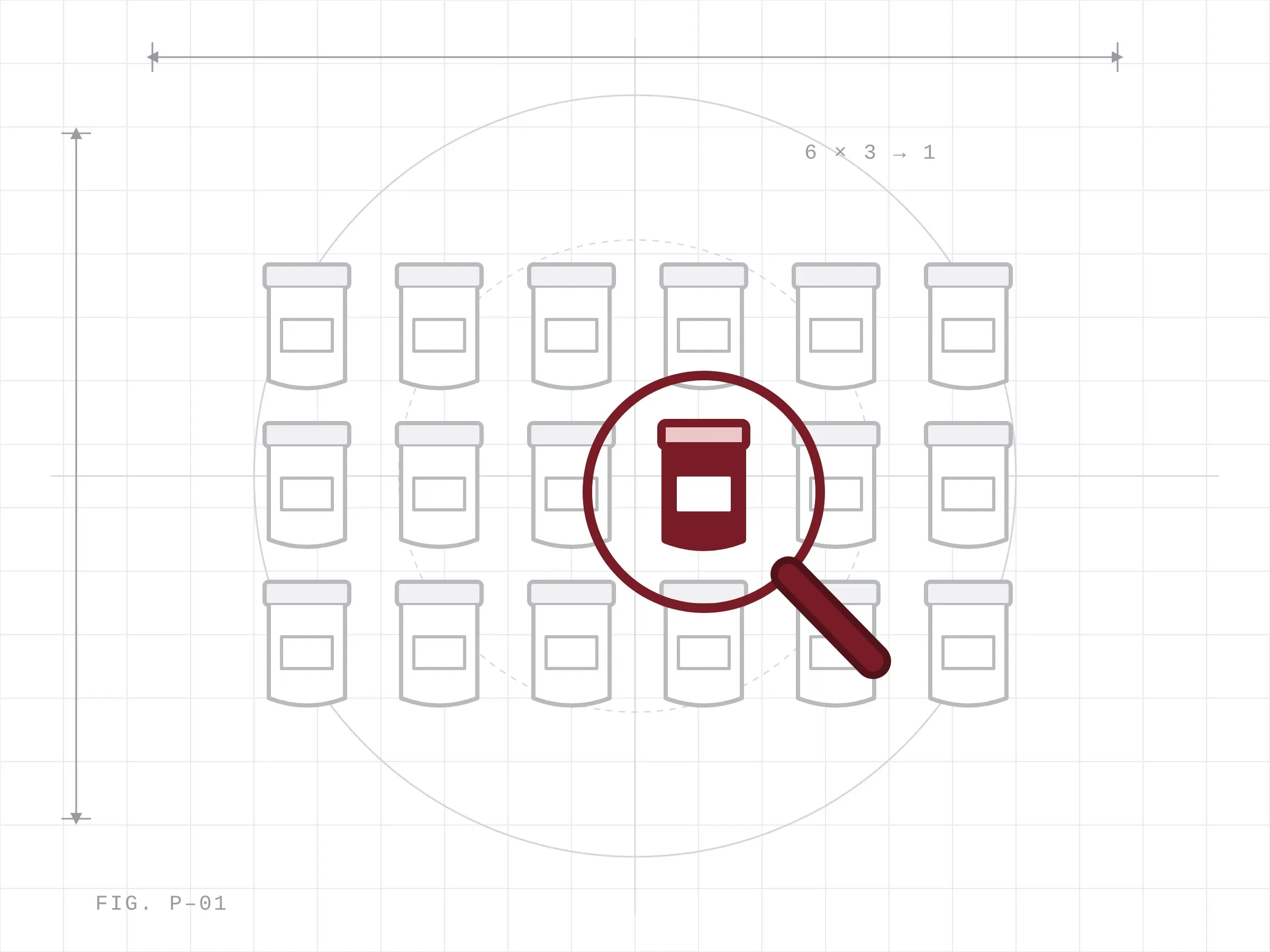 Grafik: 18 Marmeladengläser im Raster, eines ist hervorgehoben und von einer Lupe vergrößert