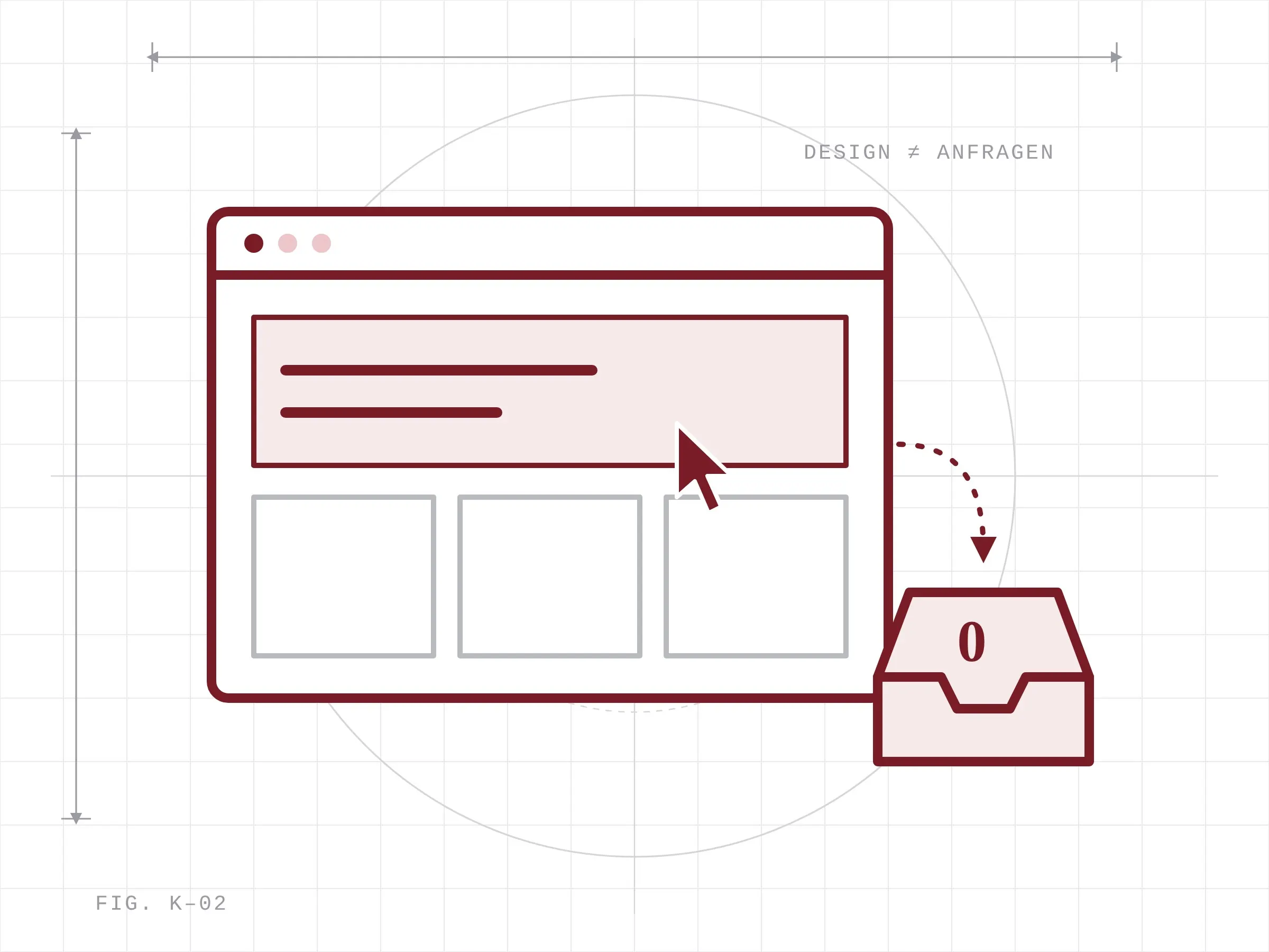 Grafik: Browserfenster mit Mauszeiger und ein leeres Postfach mit der Zahl Null