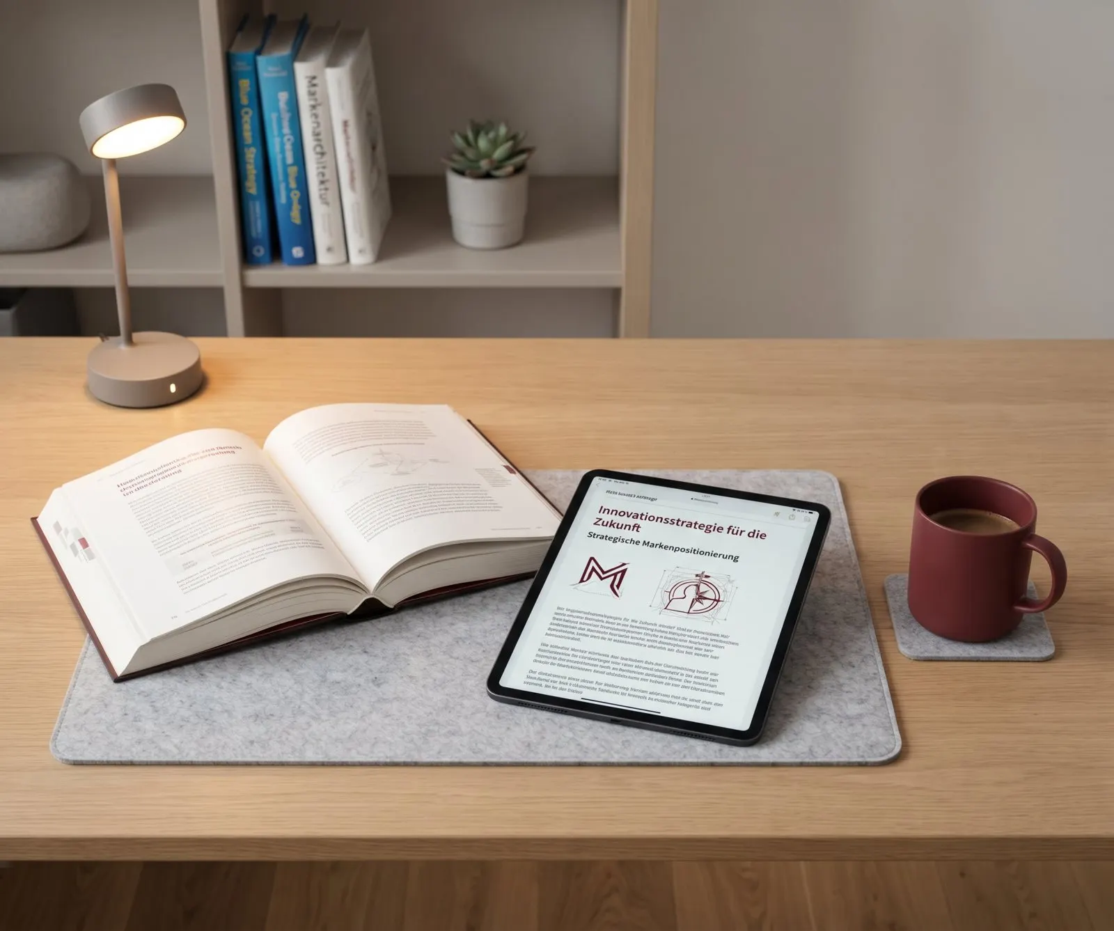 Aufgeschlagenes Fachbuch und Tablet auf einem Schreibtisch, daneben eine weinrote Tasse